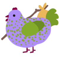Fatigue, a lilac and chartreuse chicken with a speckle pattern
