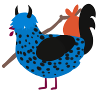 Covid, a sapphire and black chicken with a speckle pattern
