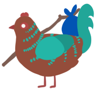 The Bird at Home, a russet and turquoise chicken with a half-bar pattern