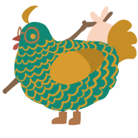 terracota, a teal and ochre chicken with a lace pattern