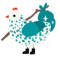 Feebie, a white and teal chicken with a speckle pattern
