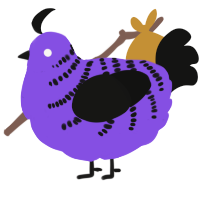 A blurple and black chicken with a half-bar pattern