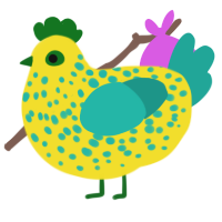 SpongeBob, a yellow and turquoise chicken with a speckle pattern