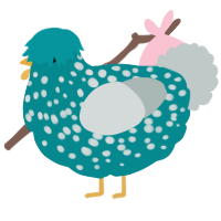 Egg, a teal and silver chicken with a speckle pattern