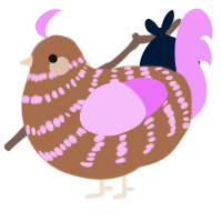 rose latte, a brown and lavender chicken with a bar pattern