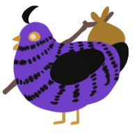 Riley, a blurple and black chicken with a bar pattern