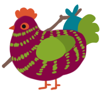 HauntedHouse, a maroon and chartreuse chicken with a bar pattern