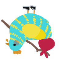 yoob, a aqua and yellow chicken with a bar pattern