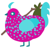 Noopy Noobert, a fuchsia and aqua chicken with a speckle pattern