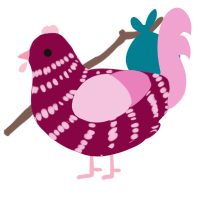 Fishcake, a maroon and pink chicken with a bar pattern