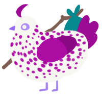 A white and plum chicken with a speckle pattern