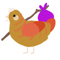 Laika, a gold and vermilion chicken with a half-bar pattern