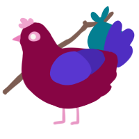 Bit, a maroon and indigo chicken