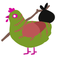 fan, a chartreuse and red chicken with a half-bar pattern