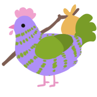 Allergies, a lilac and chartreuse chicken with a bar pattern