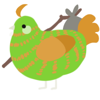 Avocado, a grass and orange chicken with a bar pattern