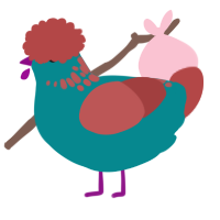 Hippy, a teal and red chicken with a neck-speckle pattern
