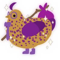 Goldie, a gold and violet chicken with a speckle pattern