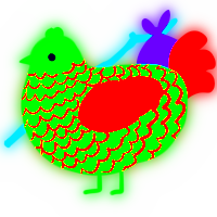 Mildly Unsafe, a fuchsia and teal chicken with a lace pattern