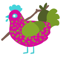 Dragonfruit, a fuchsia and chartreuse chicken with a speckle pattern