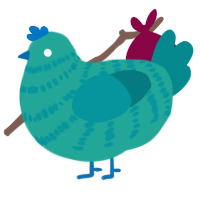 q, a turquoise and teal chicken with a bar pattern