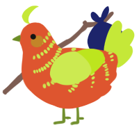 Carrot, a vermilion and lime chicken with a half-bar pattern