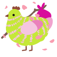 Spring, a lime and pink chicken with a bar pattern