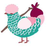 Happiness Miku, a turquoise and rose chicken with a lace pattern