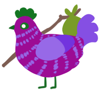 petunia, a plum and blurple chicken with a bar pattern