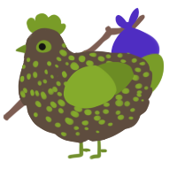 Ash, a bark and chartreuse chicken with a speckle pattern