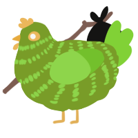 Clover, a chartreuse and grass chicken with a bar pattern