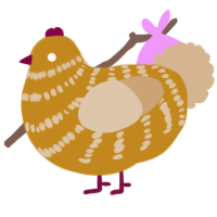 tosses them at u, a ochre and beige chicken with a bar pattern