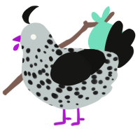 Soot Sprite, a silver and black chicken with a speckle pattern