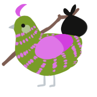 Tot, a chartreuse and orchid chicken with a bar pattern