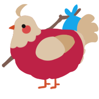 ketchup pancake, a crimson and beige chicken with a head pattern