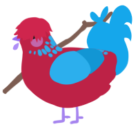 happy, a crimson and sky chicken with a neck-speckle pattern