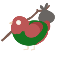 Tomato, a leaf and red chicken with a head pattern