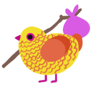 Nia, a yellow and vermilion chicken with a lace pattern