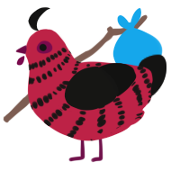 A crimson and black chicken with a bar pattern