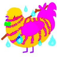 Sparkledog, a gold and fuchsia chicken with a bar pattern