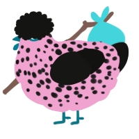 A pink and black chicken with a speckle pattern