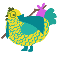 dr calypso, a yellow and turquoise chicken with a lace pattern