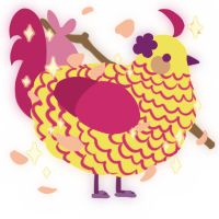 A yellow and fuchsia chicken with a lace pattern