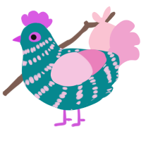 A teal and pink chicken with a bar pattern