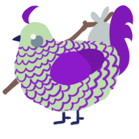 paint bucket, a gluppy and violet chicken with a lace pattern