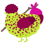 A lime and maroon chicken with a speckle pattern