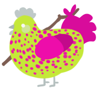 Chick Pea, a lime and fuchsia chicken with a speckle pattern