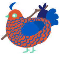 Kev, a vermilion and ultramarine chicken with a lace pattern