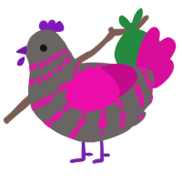 Happy hatchday, a grey and fuchsia chicken with a bar pattern