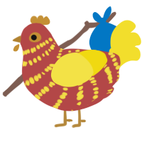 A red and yellow chicken with a bar pattern